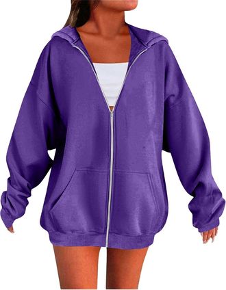 Generic Hoodies For Women Uk Sweatshirts For Women Uk Ladies Oversized Solid Color Zip Up Hoodies Womens Tops Long Sleeves Casual Fashion Loose Hooded Jackets