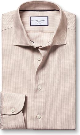 CHARLES TYRWHITT Non-Iron Stretch Texure Square Cotton Formal Shirt - Taupe Single Cuff Size 15.5/35 by Charles Tyrwhitt