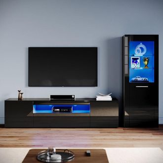 Elegant Lighting Living Room Set Modern High Gloss Fronts with led Light, 2000mm tv Stand, Display Cabinet with Glass Shelf Bookcase, Black - Elegant