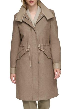 Andrew Marc Feather Leather Trim Wool Blend Coat in Mushroom at Nordstrom, Size X-Large