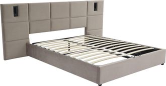 Vente-Unique Canap&eacute; abatible 180 x 200 cm con cabecero y l&aacute;mpara integrada - Terciopelo - Topo - SARETO