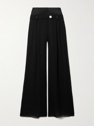 Galvan Pantaloni A Gamba Larga Georgette Con Finiture In Raso E Decorazione Strata - Nero