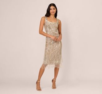 Adrianna Papell Beaded Fringe Dress In Platinum