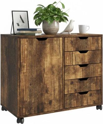 Relaxdays Contenedor Rodante Relaxdays, 5 Cajones Y 2 Estantes, H X A X F: 65 X 78 X 40 Cm, Archivador Con Ruedas, Oficina, Marr&oacute;n