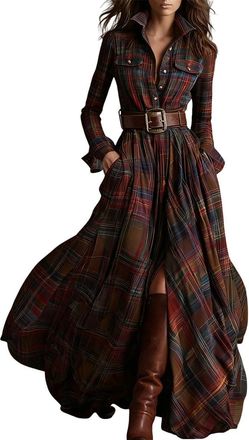 Generic Womens Plaid Shirt Maxi Dress,Long Sleeve Collared Belted Side Split Pocketed Flowy Casual Autumn Winter Country Western Daily Party Dress (Red, M)