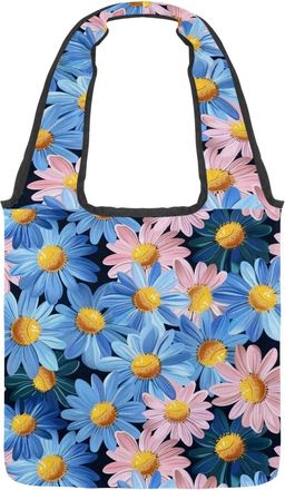 Generic Blue Pink Daisy Reversible Canvas Shoulder Tote - Double-Sided Print, 12oz Cotton, 27cm Drop, Fold-Flat Bag for Travel, Shopping, Street Outings
