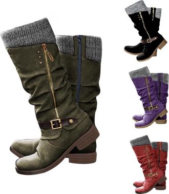 Generic Winter Warm Low Heel Knitted Boots,Wide Calf Boots for Women Uk,Retro Round Toe Sweater Knitted Ruched Cuff Western Boot Side Zip Platform Hiking Boot