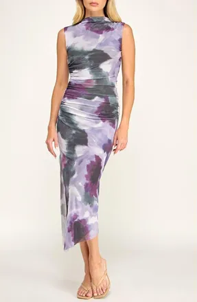 Socialite Floral Shirred Mesh Dress in Purple/hunter at Nordstrom, Size X-Large
