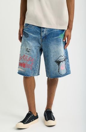 Diet Starts Monday Doodle Distressed Raw Hem Denim Shorts in Indigo at Nordstrom, Size 30