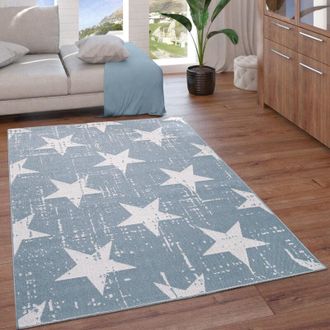 Paco Home Paco Home Alfombra Exterior Interior Balc&oacute;n Cocina Vintage Motivo Estrellas Azul Crema 240x340 Cm