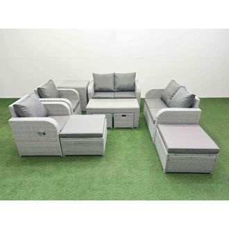 Fimous Pe Wicker Rattan Furniture Sofa Sets with Oblong Coffee Table Love Sofa Reclining Chair 4 Stools Side Table Light Grey Mixed - Fimous