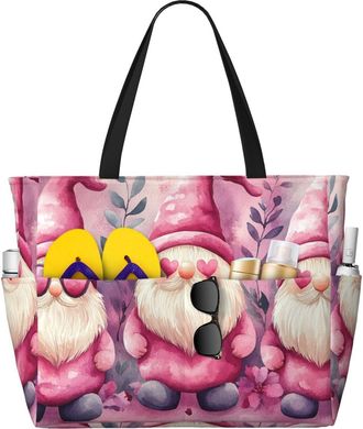 Generic Valentines Gnomes Print Large Beach Bag Foldable Travel Shoulder Tote Bag With Pocket For Weekender Pool Vacation