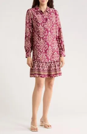 Sandra Darren Long Sleeve Shirtdress in Wine/Tan at Nordstrom Rack, Size X-Large