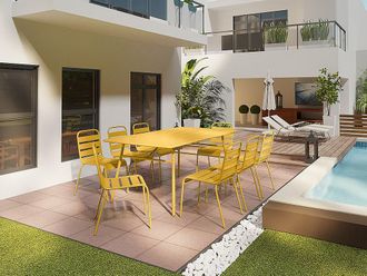 Vente-Unique Sala da pranzo da giardino un tavolo L.200 cm e 8 sedie impilabili in Metallo Giallo senape - MIRMANDE di MYLIA