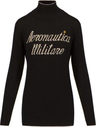 Aeronautica Zwarte coltrui met beige lijn - Dames - Coltruien - Zwart - L - Wol - Truien & Vesten