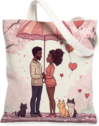 Generic Romantic Valentines Day Canvas Tote Bag for Shopping 13x15, Cartoon African American Couple Reusable Grocery Print Pattern Bag for Women, Fun Lover Be