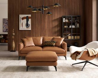 Castlery Lena Leather Loveseat with Ottoman, Cocoa American Top Grain Leather, Matte Black Legs