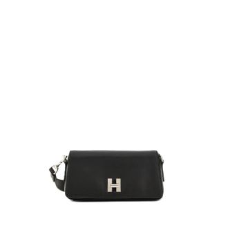 Hogan Black Leather Silver Logo-Clasp Shoulder Bag