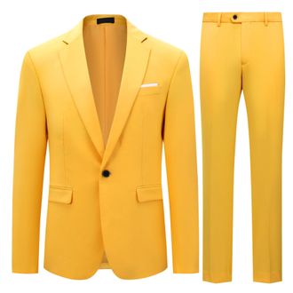 AlltheMen Mens Slim Fit 2 Piece Suit One Button Business Jacket & Trousers, Chest 34(trousers:waist 28)/X-Small, Yellow-stand Out