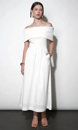 Greylin Marjorie Mixed Media Off Shoulder Midi Dress In White