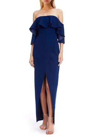 Badgley Mischka Ruffle Off the Shoulder Gown in Navy at Nordstrom, Size 10