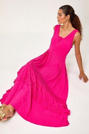 Roman Lace Detail Shirred Frill Maxi Dress