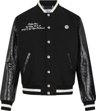 Philipp Plein Jassen, Heren, Zwart, L, Wol, Varsity Bomber Cocco Sleeves Las Vegas