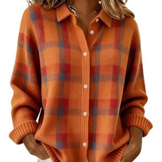 Generic Women Plaid Sweater, Long Sleeve Cardigan for Women Retro Plaid Print Casual Sweaters Knit Cardigan, Button Down Sweater. (a4,L)