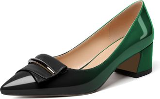 elashe Women Pumps Slip on Block Heels Pointed Toe Metal Buckle Court Shoes Classic 2 Block Heeled Shoes Black Green EU37