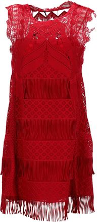 Alberta Ferretti Land and Fringe Detail Mini Dress in Red Acetate