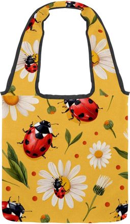 Generic Ladybugs Daisies Yellow Reversible Canvas Shoulder Tote - Double-Sided Print, 12oz Cotton, 27cm Drop, Fold-Flat Bag for Travel, Shopping, Street Outin