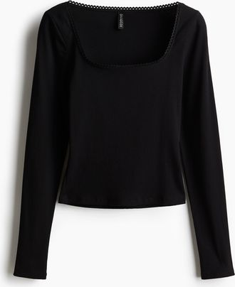 H&M Baumwolltop mit Picot-Besatz - Schwarz