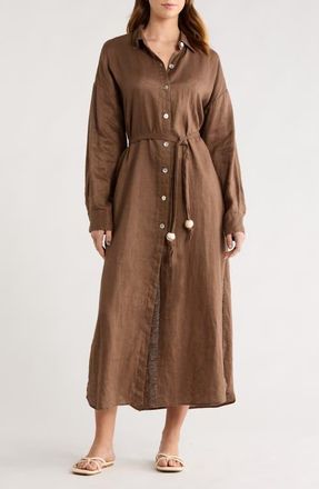 Elan Long Sleeve Linen Maxi Shirtdress in Brown at Nordstrom, Size X-Small