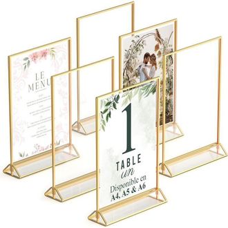 Gabrielle Marcos De Fotos Dorados De Doble Cara - Paquete De 6 - Portan&uacute;meros De Mesa Acr&iacute;licos Dorados, Caballetes Transparentes Para P&oacute;steres, Portamen&uacute;s Y Ma