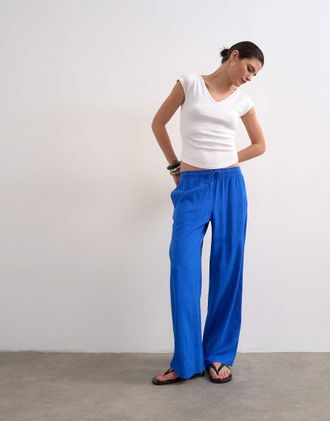 Topshop Pantaloni dritti in lino color cobalto con fondo ampio-Blu