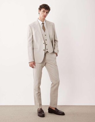 Asos Pantaloni da abito slim in twill di misto lino color pietra-Neutro