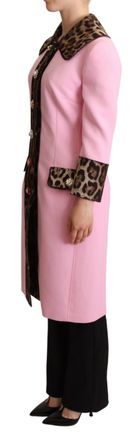 Dolce & Gabbana Womens Pink Leopard Wool Trenchcoat Jacket Cotton Elastane Clothing