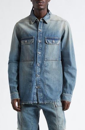 Rick Owens Distressed Denim Overshirt in Washed Indigo at Nordstrom, Size X-Large