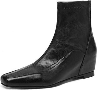 Generic Womens PU Leather Ankle Boots Square Toe Hidden Wedge Heels Back Zipper Comfortable Slip-Resistant Durable Casual Daily Office Work Shoes,Black,5.5 UK