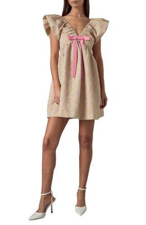 endless rose Bow Jacquard Babydoll Minidress in Pink/Green at Nordstrom Rack, Size Medium