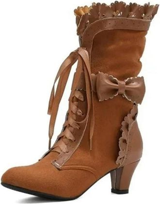 Generic Victorian Boots for Women Lace up Round Toe Vintage Gothic Boots High Heels Mid Calf Boot for Wedding Christmas Prom Party Halloween Witch Costume
