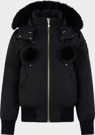Moose Knuckles Debbie Bomber Jacket with Detachable Hood, Shearling Trim, & Pom Poms