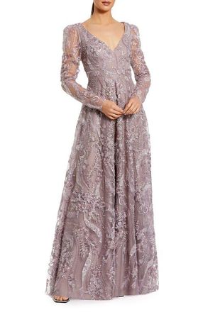 Mac Duggal Floral Embroidered V-Neck Long Sleeve Gown in Vintage Lilac at Nordstrom, Size 14