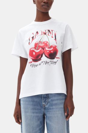 Ganni White Basic Jersey Cherry Relaxed T-shirt - Size XXS Organic Cotton