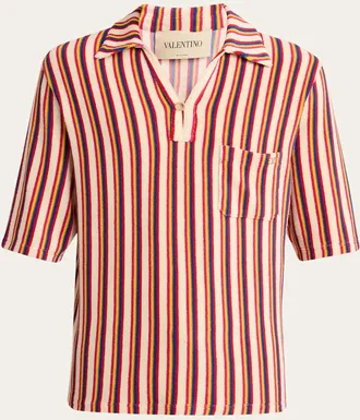 Valentino Garavani Mens Striped Toweling Camp Shirt