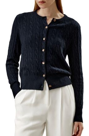 LilySilk Cable-Knit Cashmere Crewneck Cardigan in Navy Blue at Nordstrom, Size X-Small