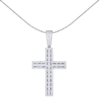 Jewelco London Silver Baguette CZ Crossroads Columns Encrusted Cross Pendant 1oz - APX046