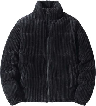 Generic Mens Corduroy Puffer Jacket Plain Black Thick Thermal Outwear Padded Quilted Jacket Stand Collar Winter Coat Long Sleeve Outdoor Softshell Jackets Cot