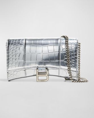 Balenciaga Hourglass Metallic Moc-Croc Chain Wallet