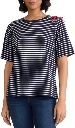 Jones New York Stripe Lace-Up Shoulder T-Shirt in Pacific Navy/natural White at Nordstrom, Size X-Small